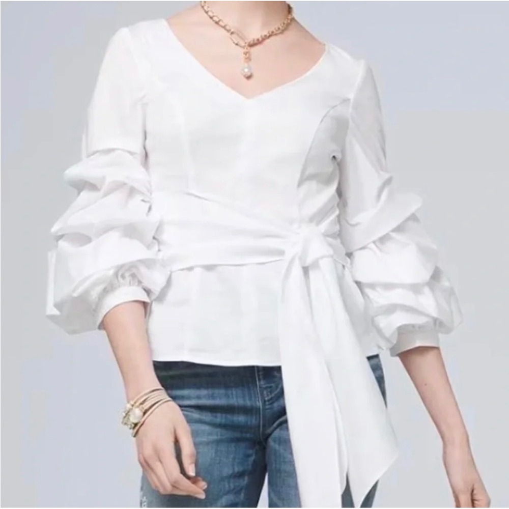 White House Black Market White Ruched Ruffle Sleeve Tie Waist Blouse Size 0 Y2K
